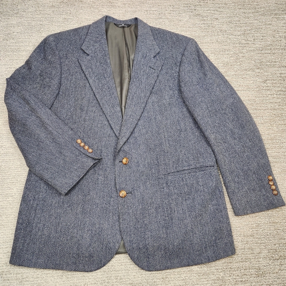 Ralph Lauren Chaps Wool Blazer Mens 46R Blue Herringbone Sport Coat Wood Buttons
